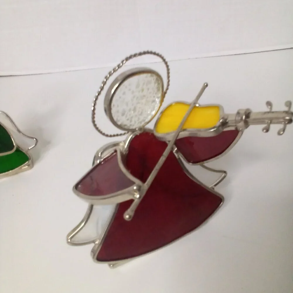 Stained Glass Angel Tea Light Candle Holders Musical Horn Violin Red Green